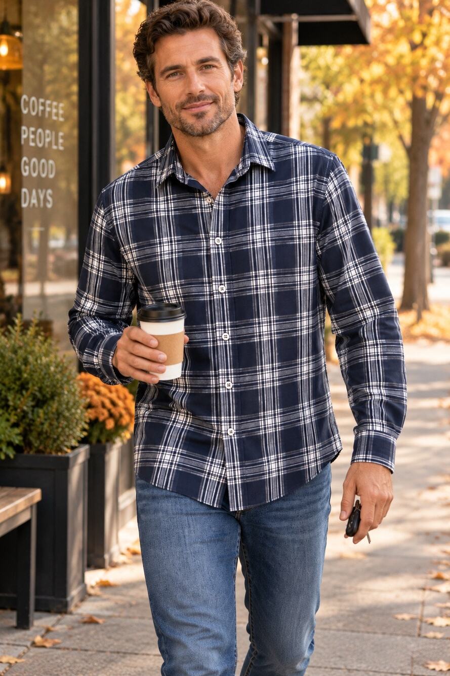 American Rag Men’s Large Navy Plaid Long Sleeve Button Up Shirt